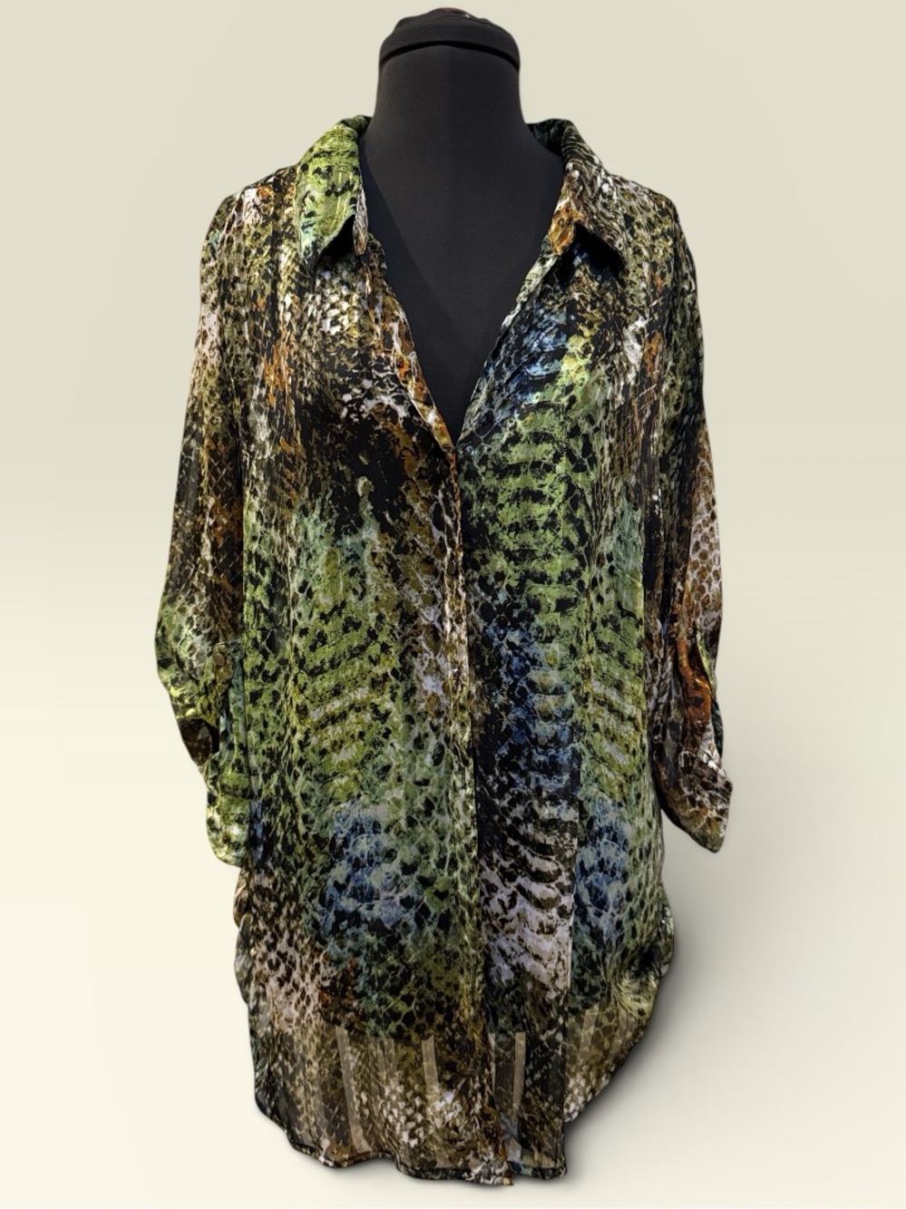 Sheer Animal Print Button-Down Tunic in Green and Black